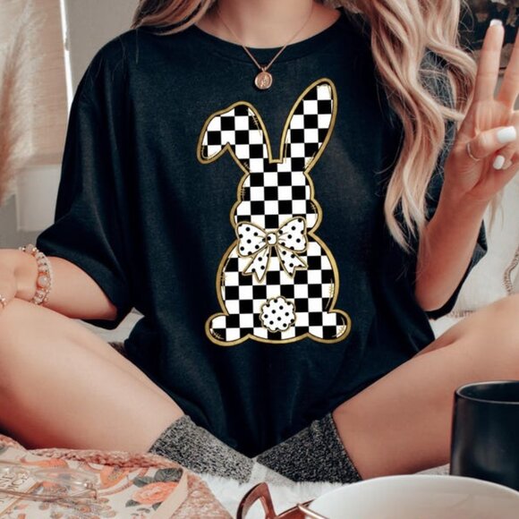 Tops - Checkered Easter Bunny Shirt, Coquette Spring T-shirt
